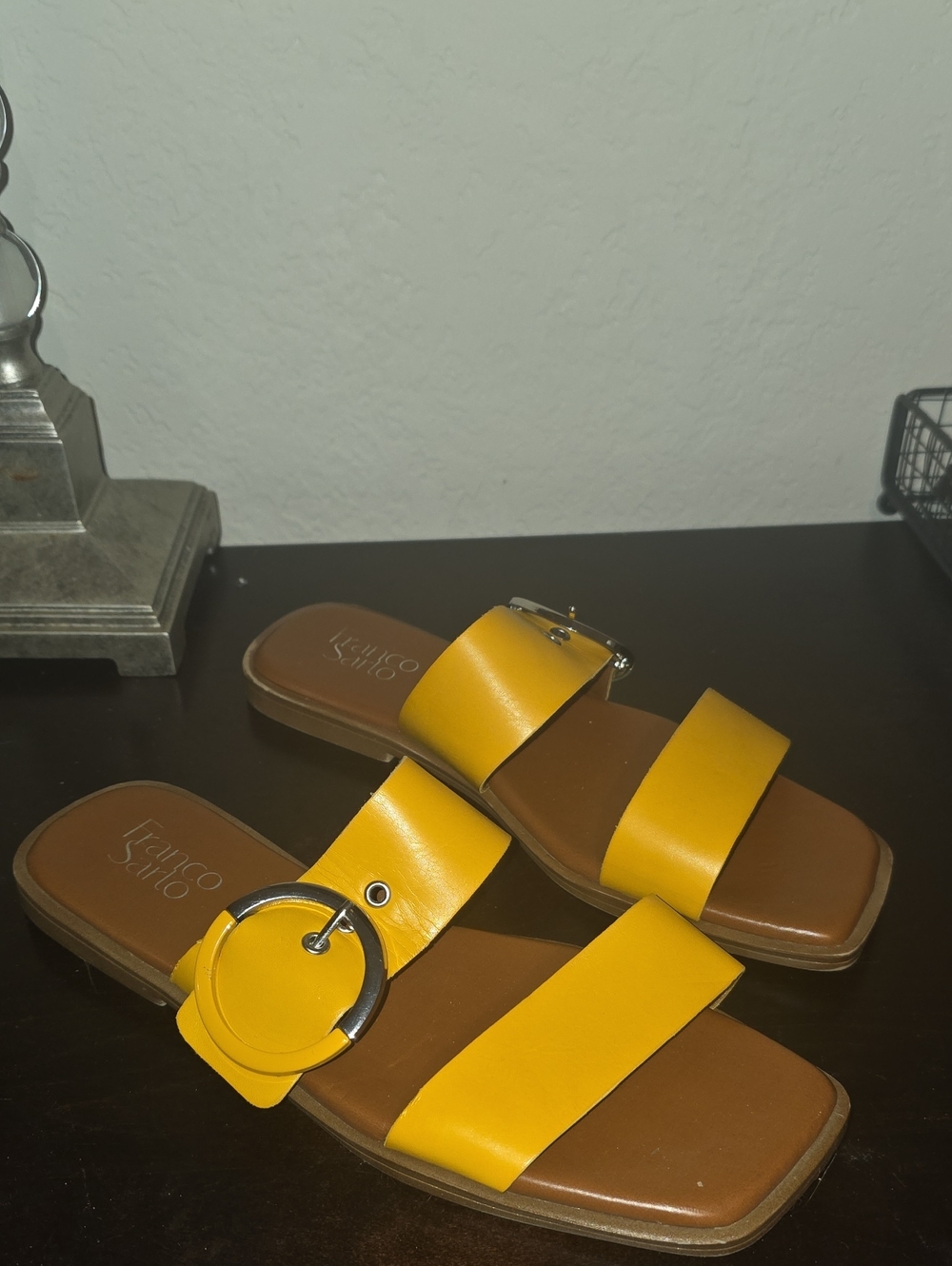 Franco Sarto Mustard Yellow Double-Strap Slide Sandals with Round Buckle
